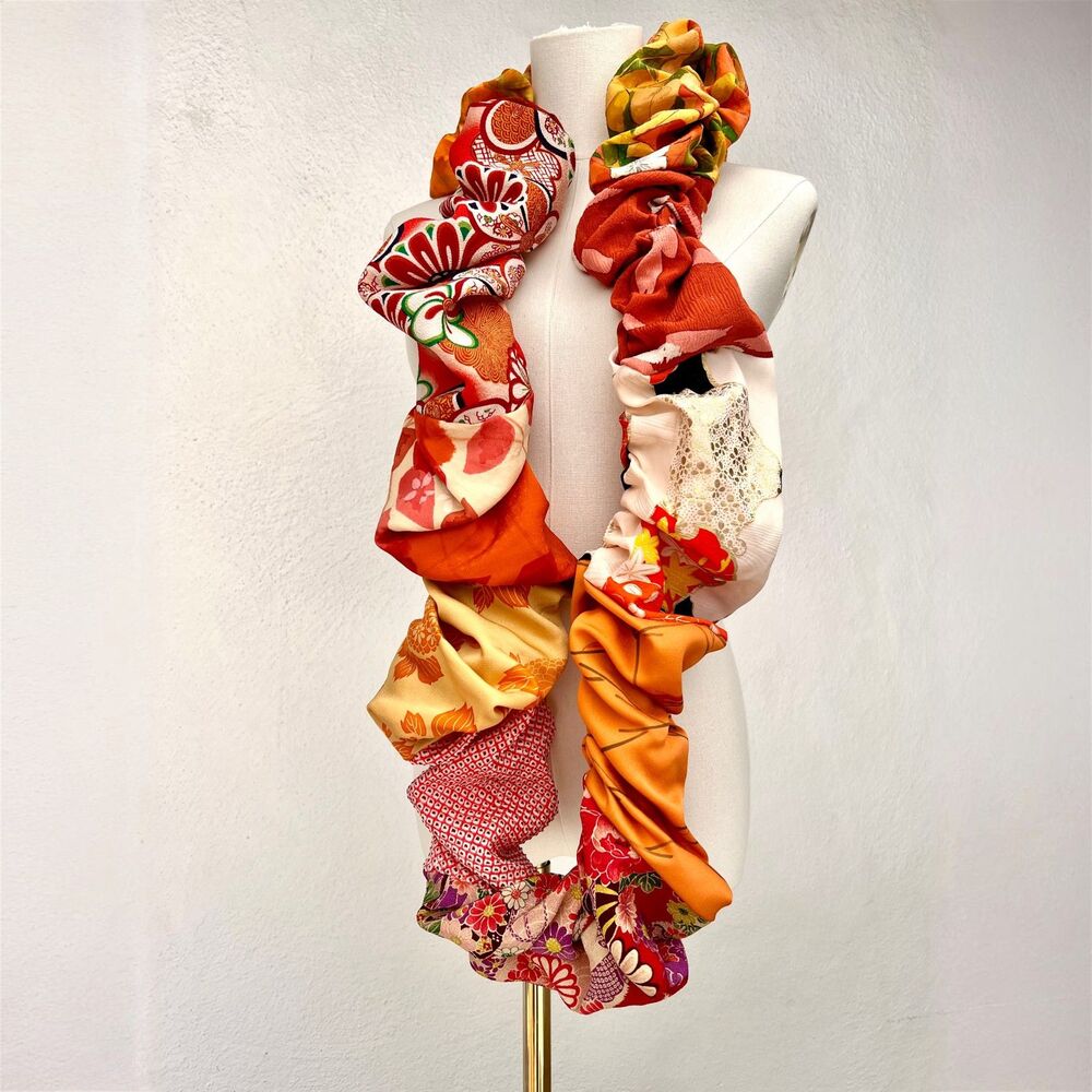 Upcycled Vintage Japanese Silk Kimono Patchwork Wabi-Sabi 33" Infinity Scarf